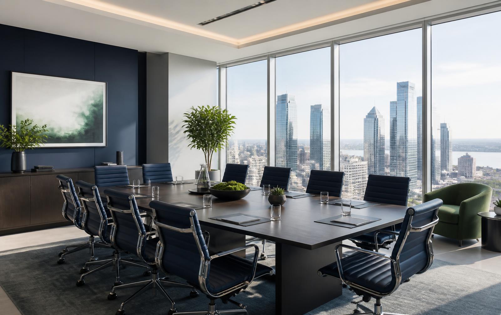 Boardroom overlooking a city skyline